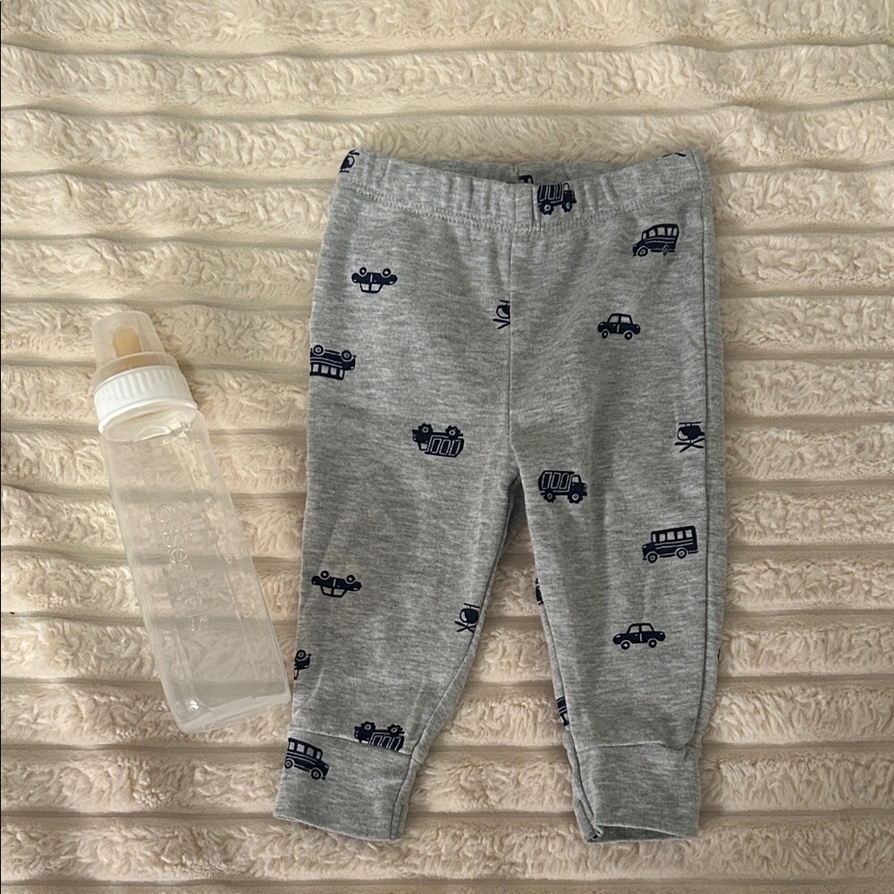 Gray Baby Pants with Blue Vehicle Print
